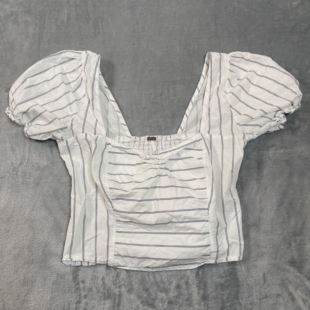 Free People Women's Top Size XS White Black Stripe Square Neck Puff Sleeve